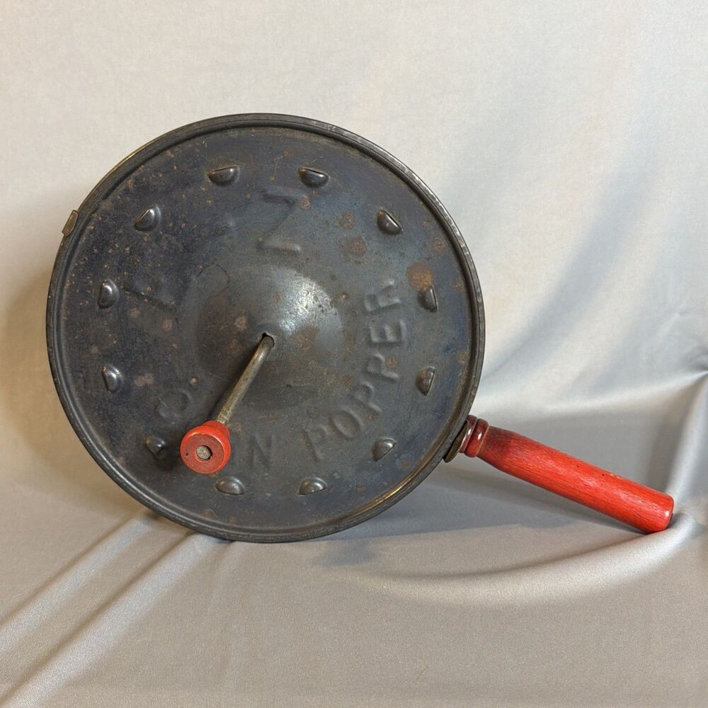 Vintage E-Z Corn Popper Pan with Lid Metal Red Wood Handle Primitive Rustic
